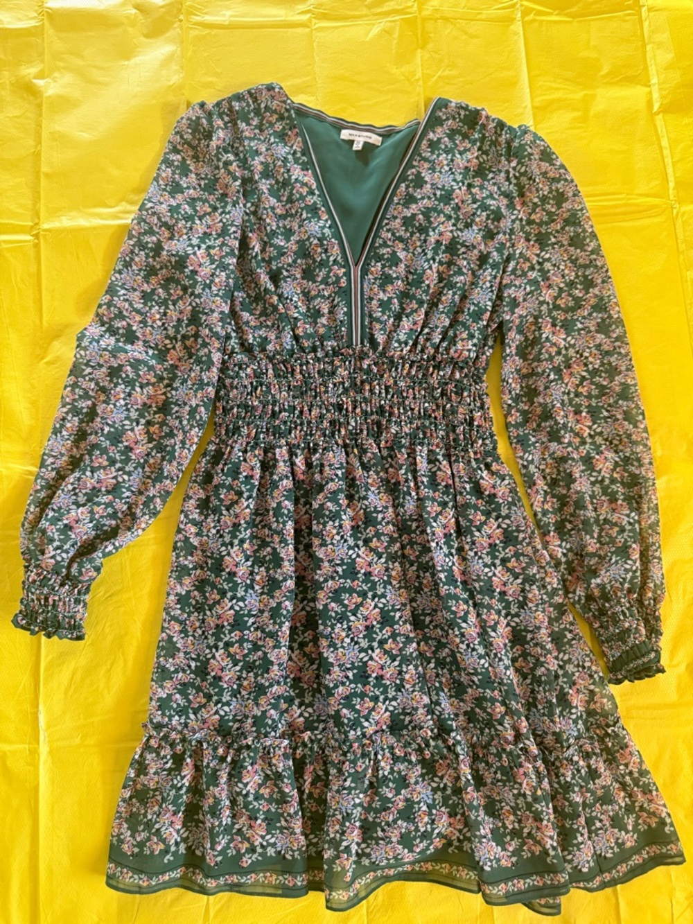 Max Studio Green Floral Long-Sleeve Smocked Waist Dress